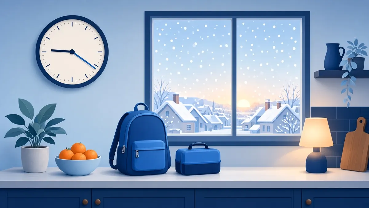 new start time after a 2 hour delay shown on a kitchen clock