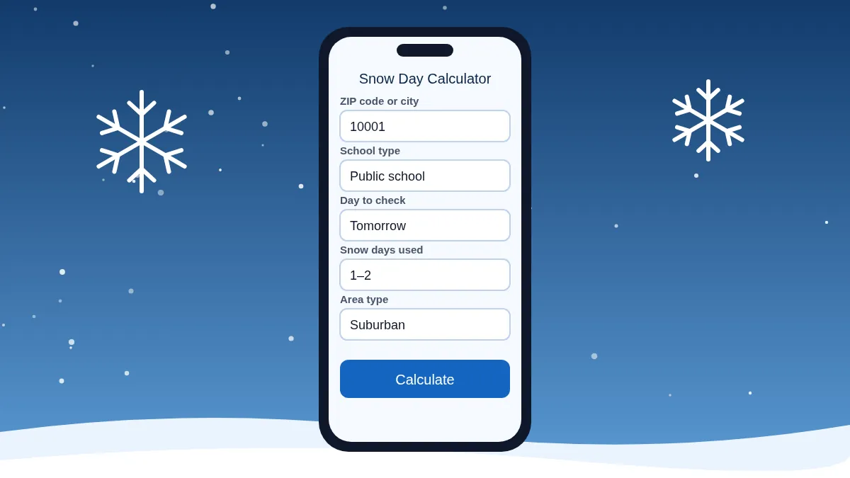 snow day calculator input form with ZIP code, school type and day fields